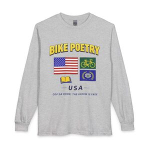 Bike Poetry USA Long Sleeve Shirt — Cycling Club Tee with Flag & Map Graphics