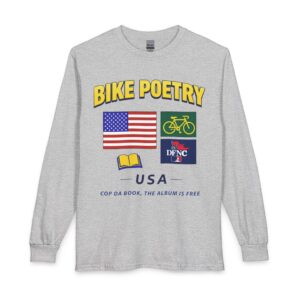 Bike Poetry USA Long Sleeve Shirt — Cycling Club Tee with Flag & Map Graphics